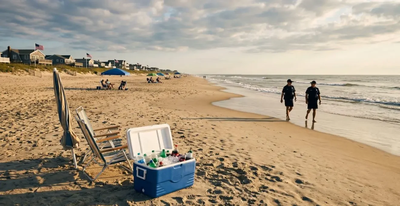 Beach scene with a cooler of soft drinks and a police patrol in the distance during a July 4th sunset.
