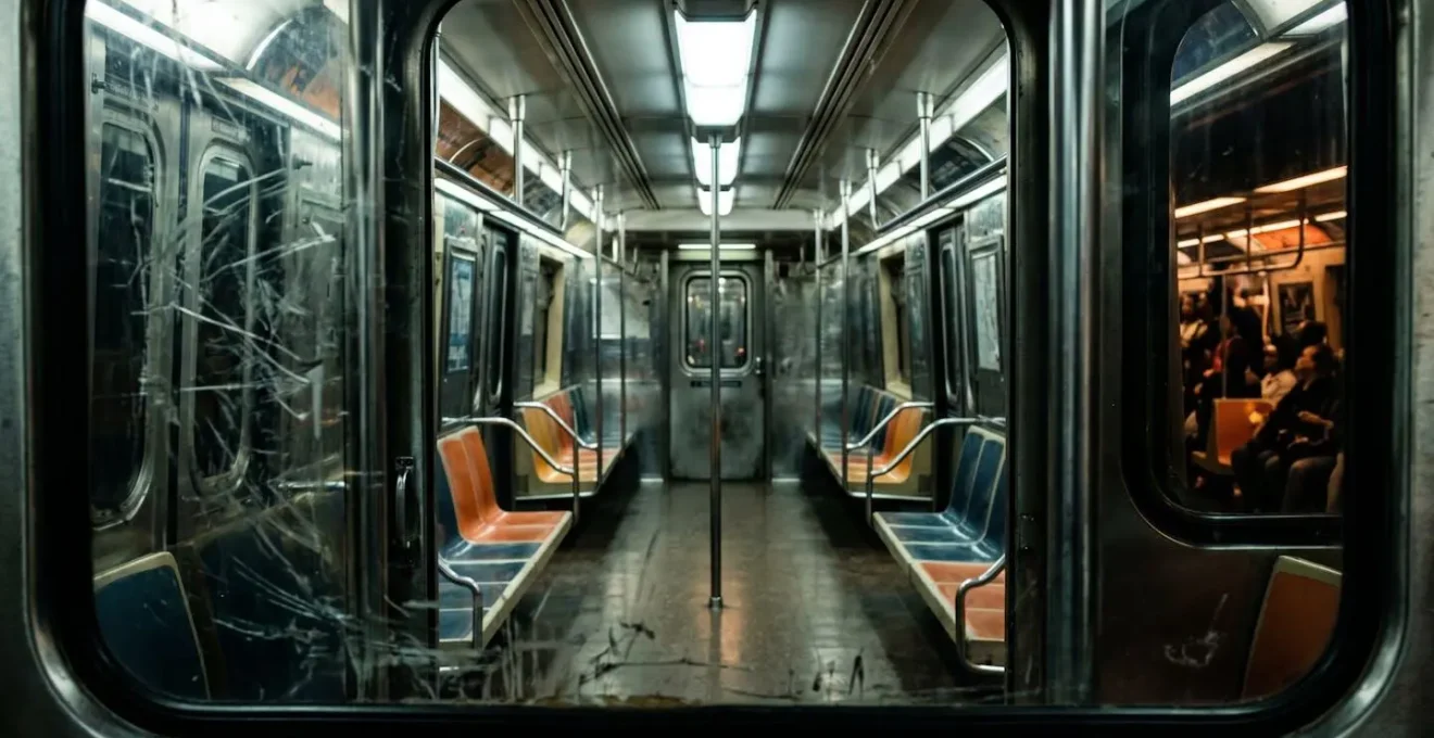 View through subway door window showing an empty, eerily lit train car, with a glimpse of a more populated car in the distance.