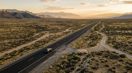 Wide aerial view of endless American highway stretching through vast desert landscape with distant mountains, showcasing the immense scale of US geography