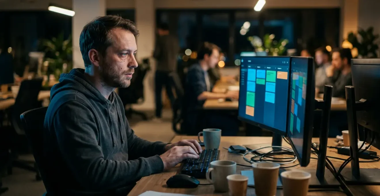 An overwhelmed software developer surrounded by multiple screens showing sprint boards and deadlines in a high-speed tech environment