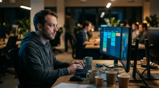An overwhelmed software developer surrounded by multiple screens showing sprint boards and deadlines in a high-speed tech environment