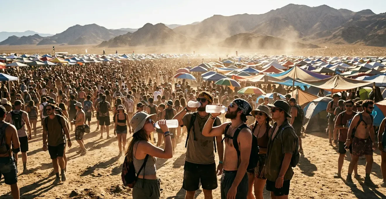 Music festival crowd enduring extreme heat in a desert setting