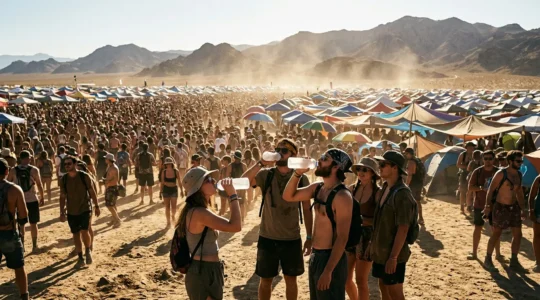 Music festival crowd enduring extreme heat in a desert setting