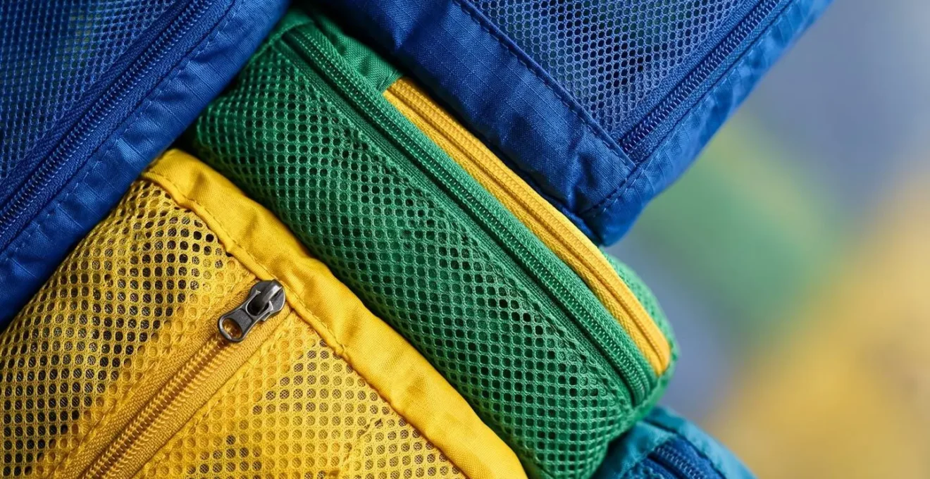 Extreme close-up of compression packing cubes showing textile patterns and organized compartments