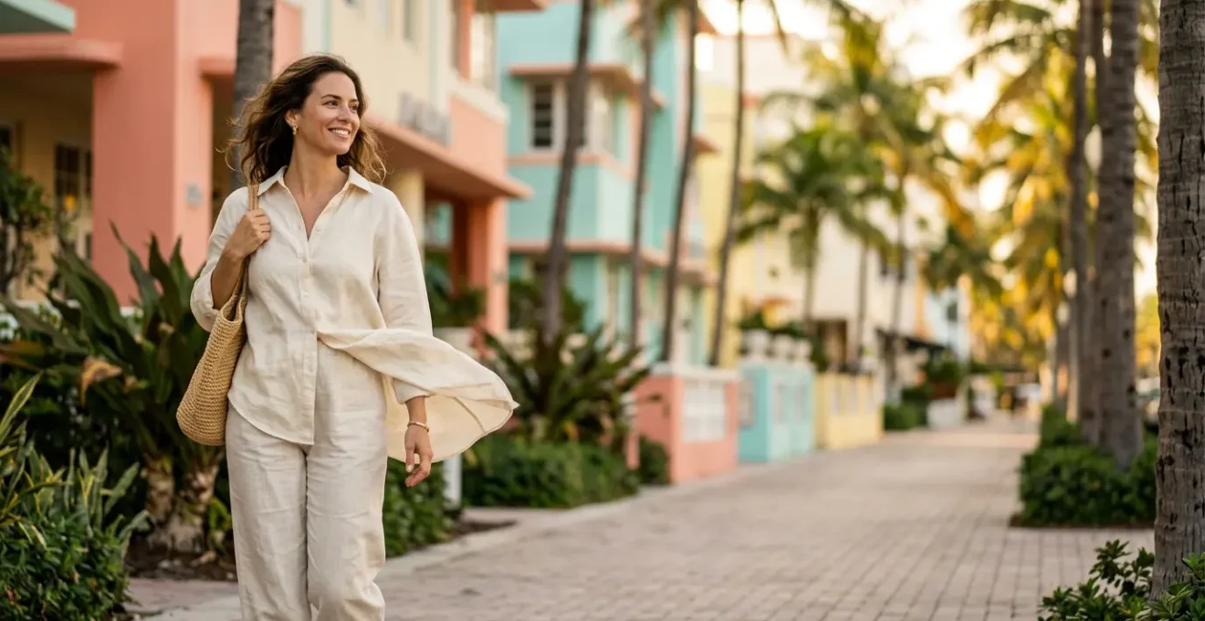 Woman wearing lightweight breathable fabric in humid Florida summer weather