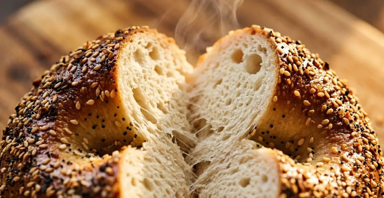 Extreme close-up of fresh New York bagel showing three distinct texture layers