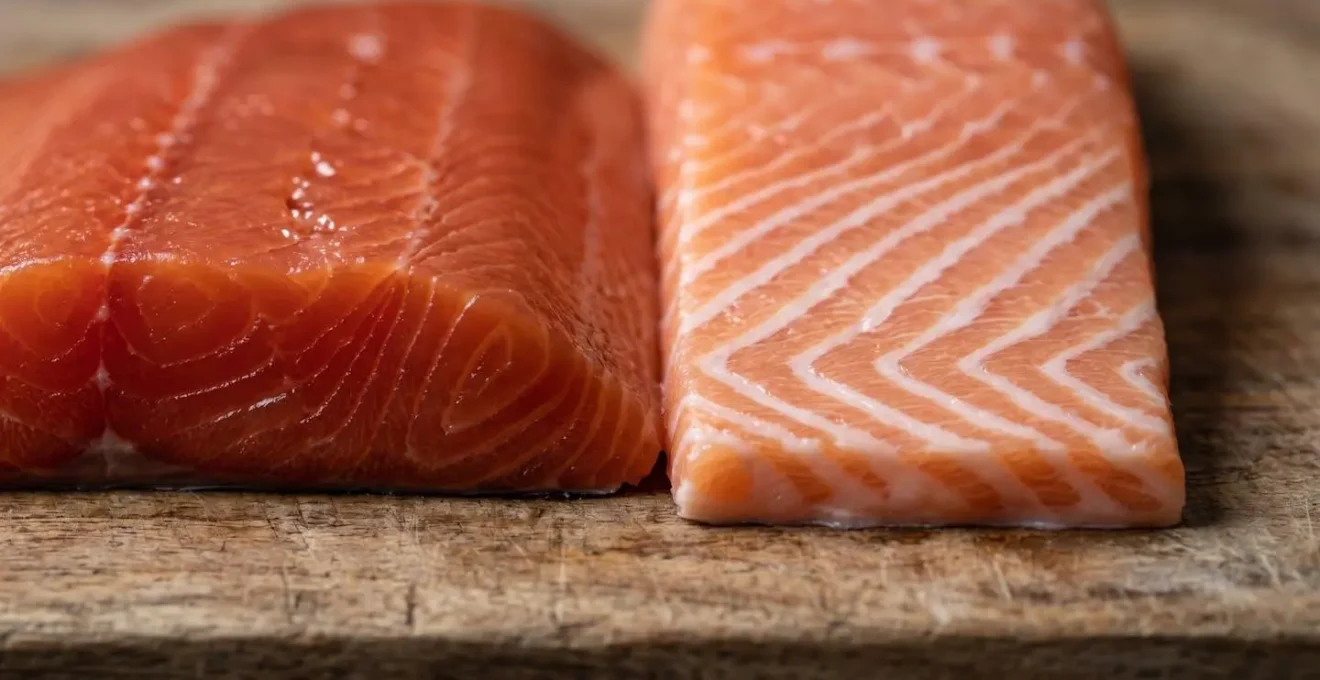 Close-up comparison of wild and farmed salmon flesh texture