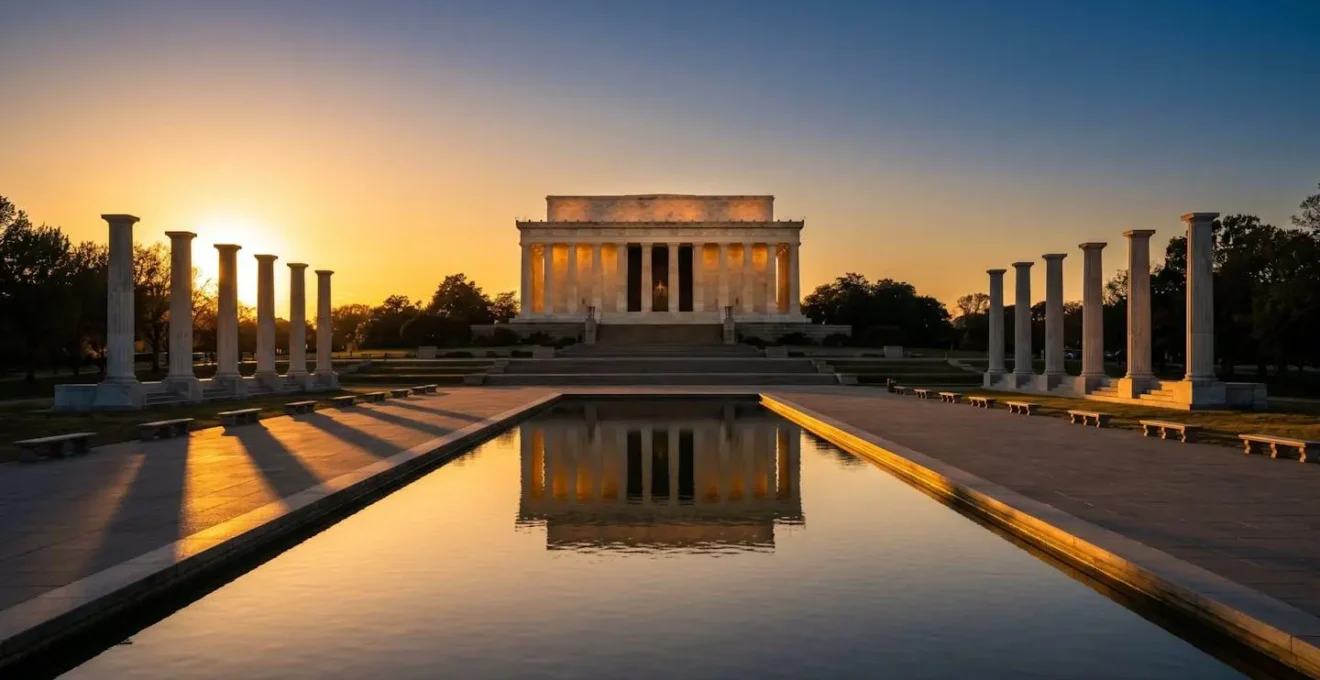 Monument bathed in golden hour light with dramatic shadows and empty pathways