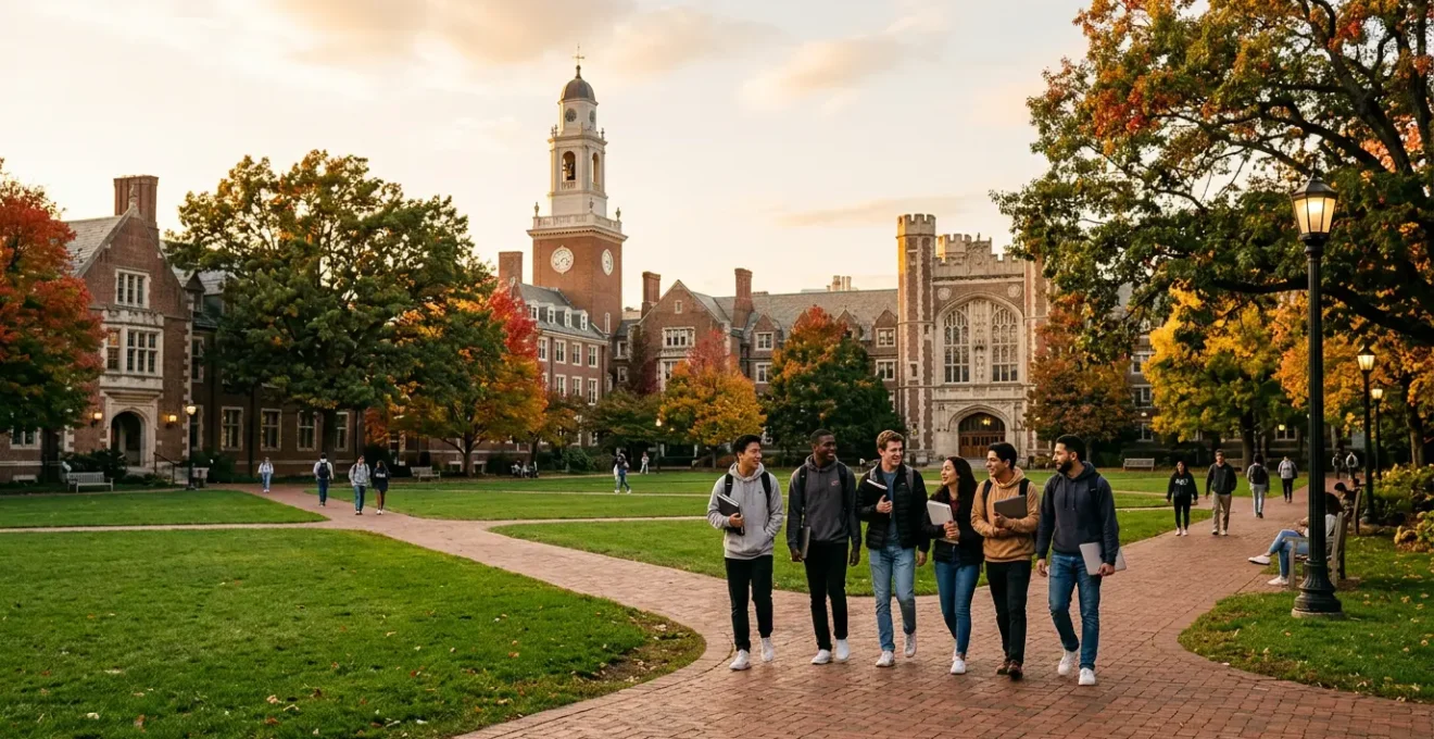 International students walking through a vibrant American university campus quad with iconic red brick buildings and autumn trees