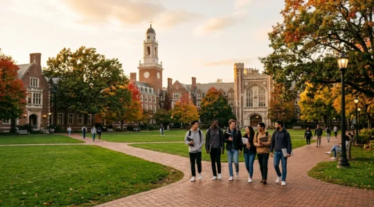 International students walking through a vibrant American university campus quad with iconic red brick buildings and autumn trees