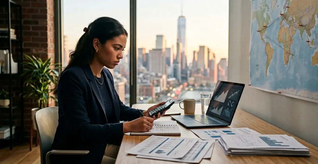 International student reviewing financial documents at desk with US cityscape view