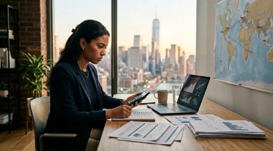 International student reviewing financial documents at desk with US cityscape view