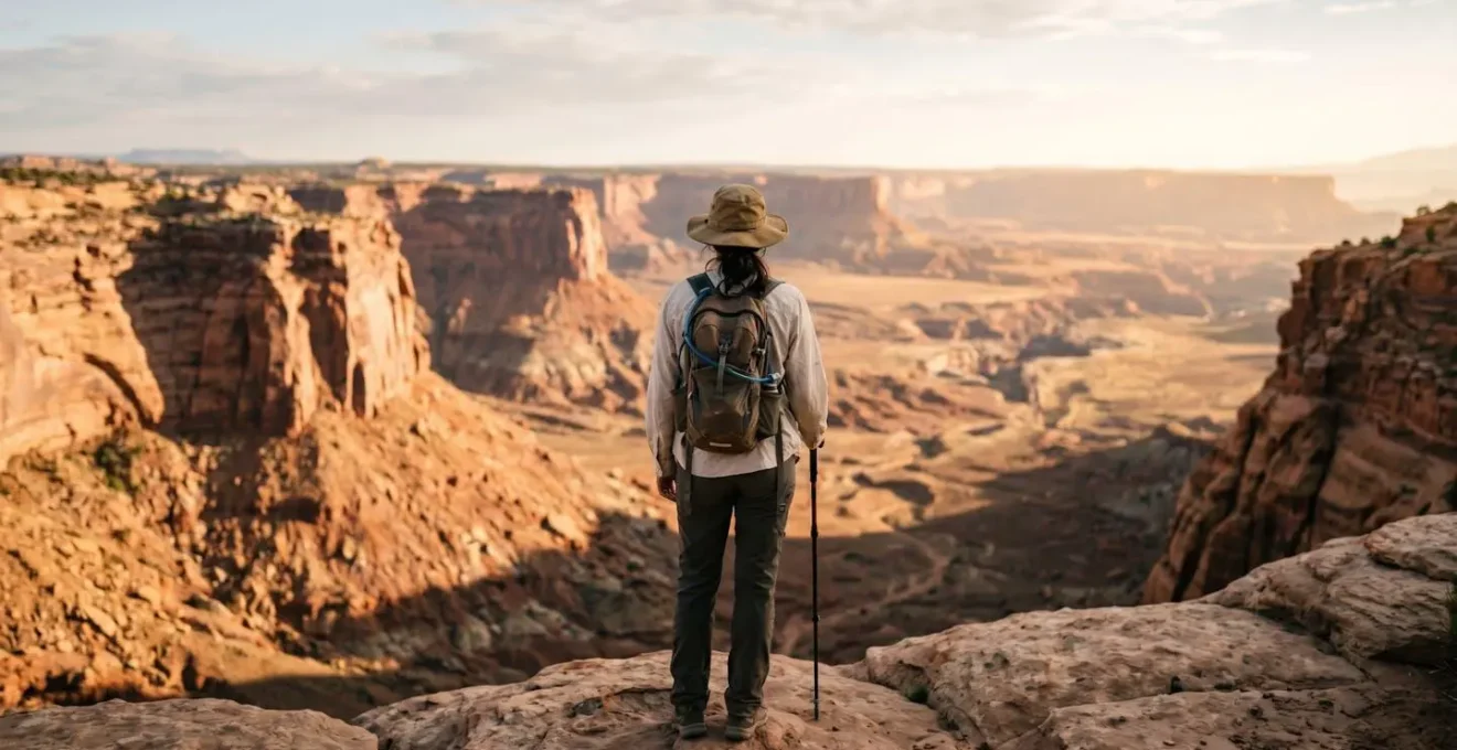Solo hiker traversing expansive Arizona desert terrain