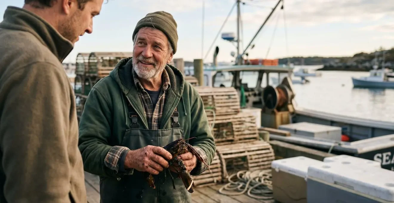 Fisherman selling lobsters directly from boat at Maine dock