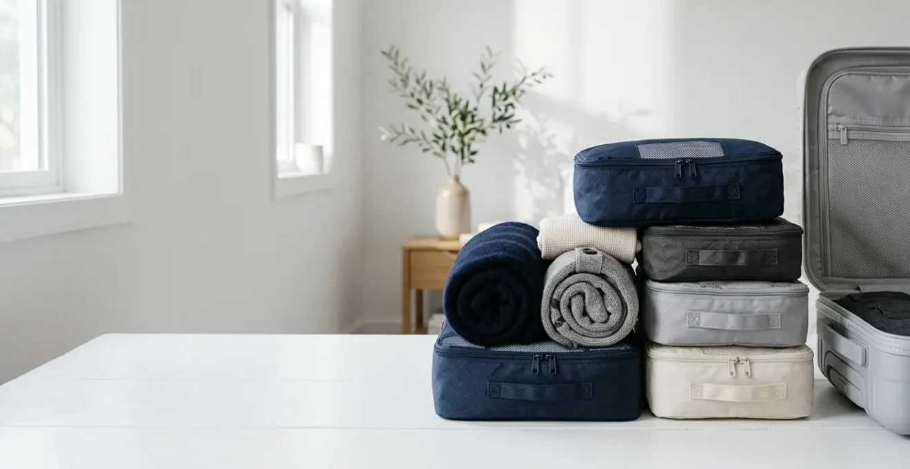 Strategic packing scene with compression cubes and winter clothing for US travel