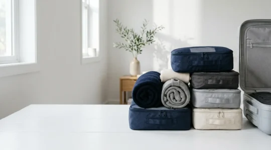 Strategic packing scene with compression cubes and winter clothing for US travel