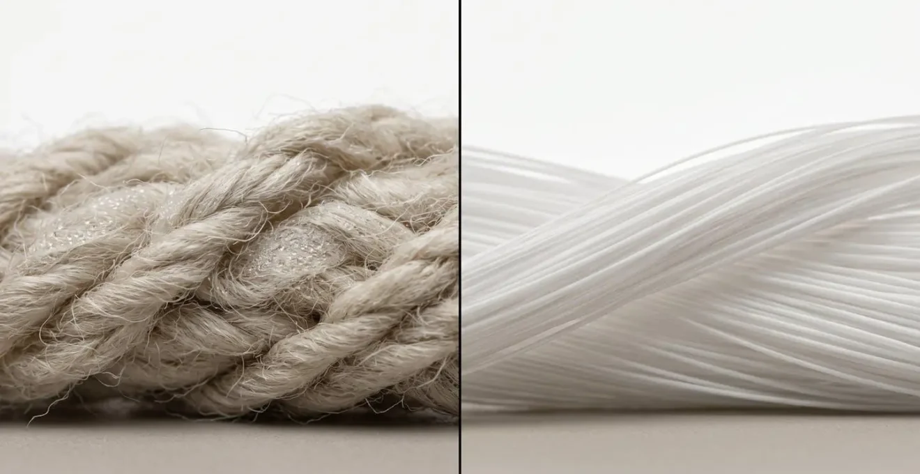 Macro comparison of merino wool and synthetic fabric fibers showing moisture management