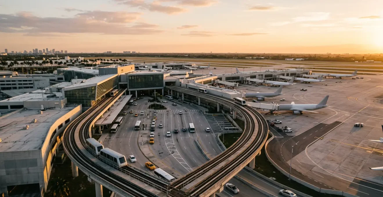 Aerial view of Miami International Airport terminal with travelers navigating through multiple transportation options