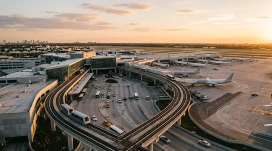 Aerial view of Miami International Airport terminal with travelers navigating through multiple transportation options