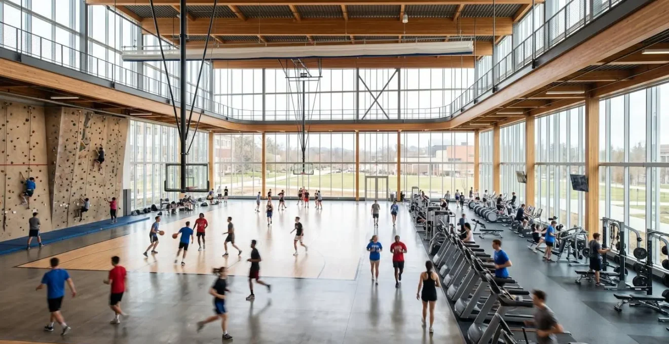 Wide angle view of a state-of-the-art university recreation center with students using various facilities