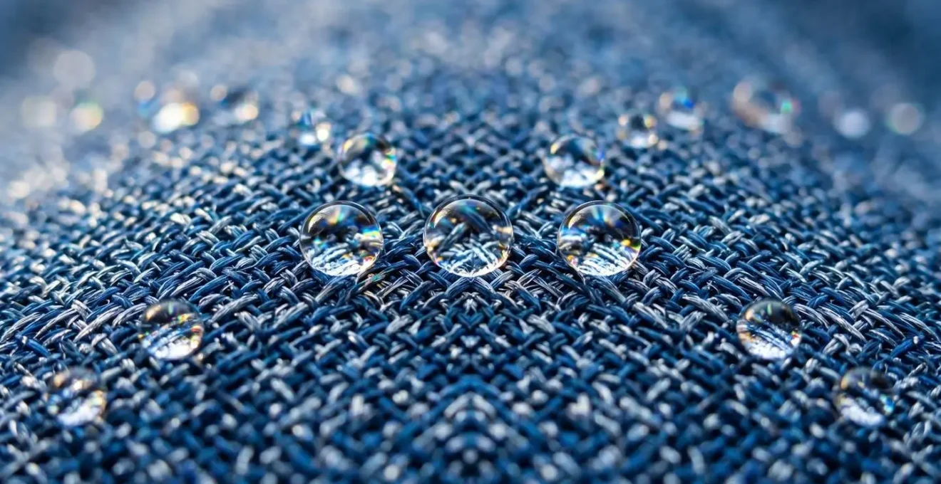 Extreme close-up of moisture-wicking fabric texture showing water beading