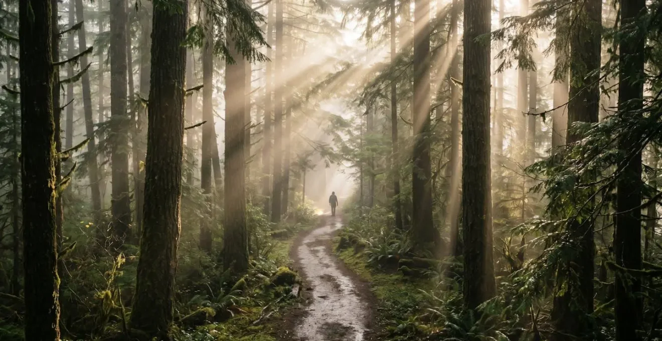 Morning fog lifting from a Pacific Northwest forest trail, with golden light rays filtering through the tall evergreen trees.