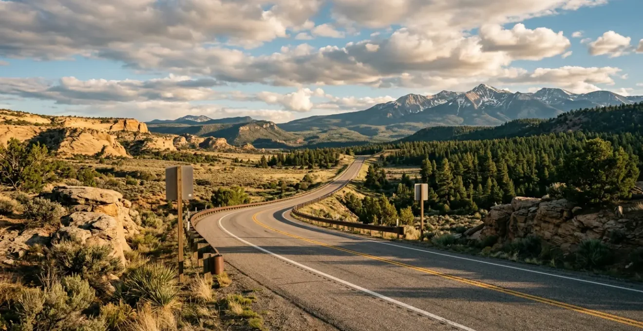 Scenic view of endless American highway stretching through diverse landscapes