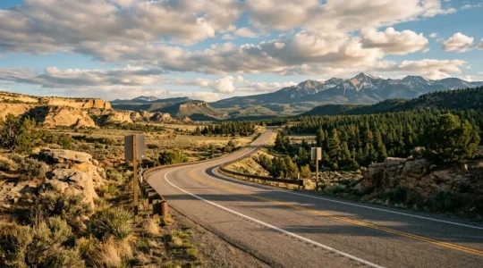 Scenic view of endless American highway stretching through diverse landscapes
