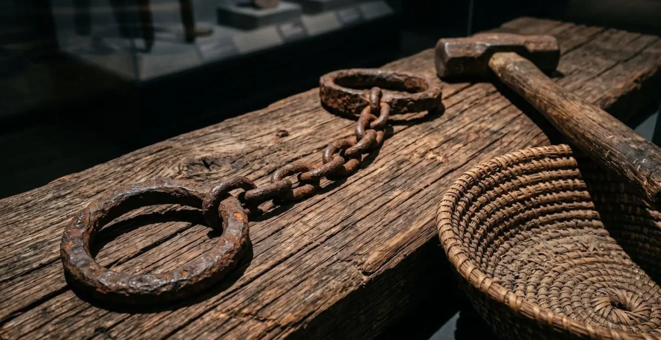 Macro shot of preserved historical artifacts from enslaved people including tools and personal items