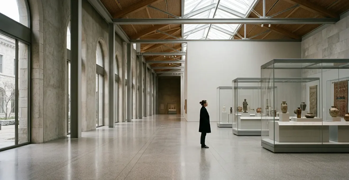 A contemplative visitor studying historical exhibits in a grand museum gallery