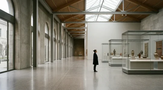 A contemplative visitor studying historical exhibits in a grand museum gallery