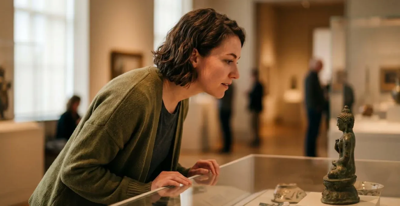 Solo visitor examining artwork up close in museum gallery