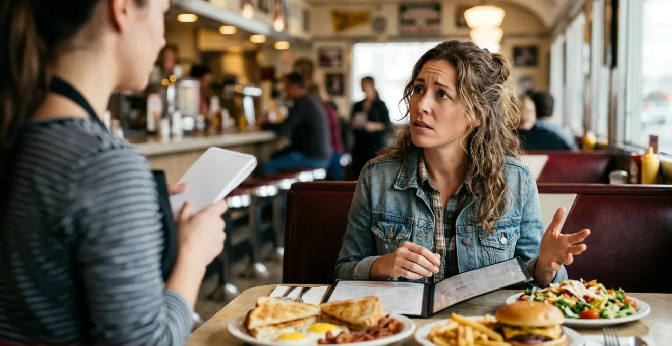 Person examining diverse American food options at a restaurant table with special dietary needs