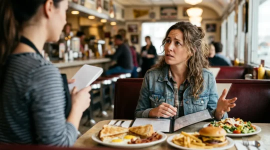 Person examining diverse American food options at a restaurant table with special dietary needs