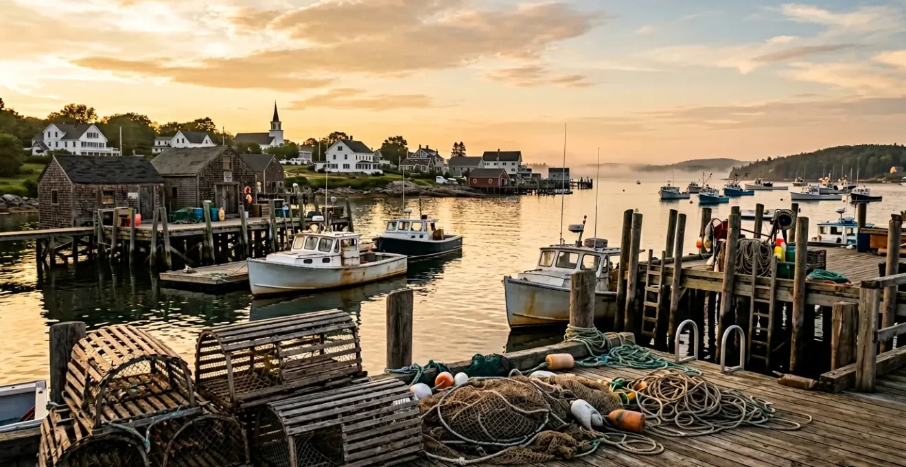 Coastal New England scene with rustic lobster shacks and fishing boats at sunset