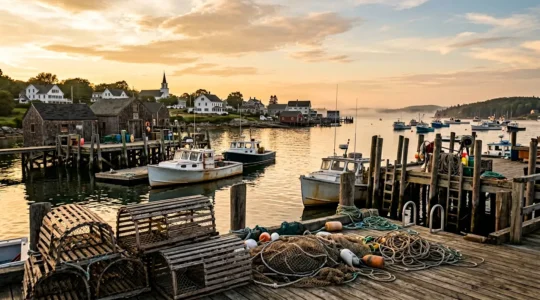 Coastal New England scene with rustic lobster shacks and fishing boats at sunset
