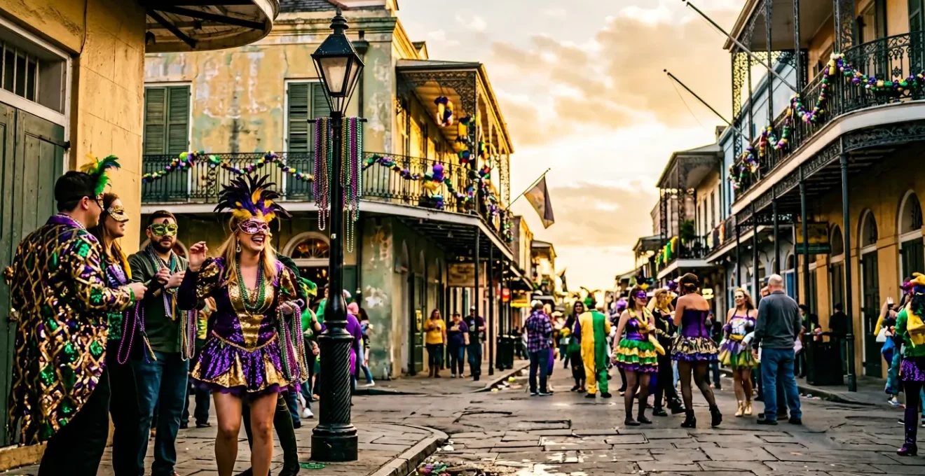 Colorful Mardi Gras celebration scene with masked revelers and festive New Orleans architecture