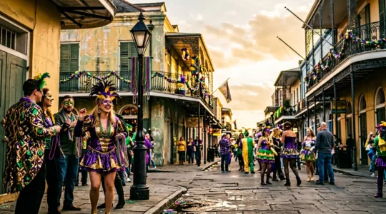 Colorful Mardi Gras celebration scene with masked revelers and festive New Orleans architecture