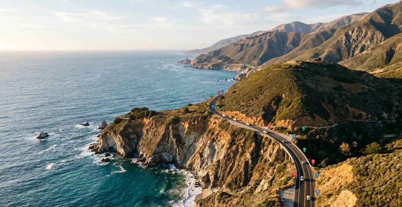 Aerial view of California coastal highway with strategic gas station markers and price indicators