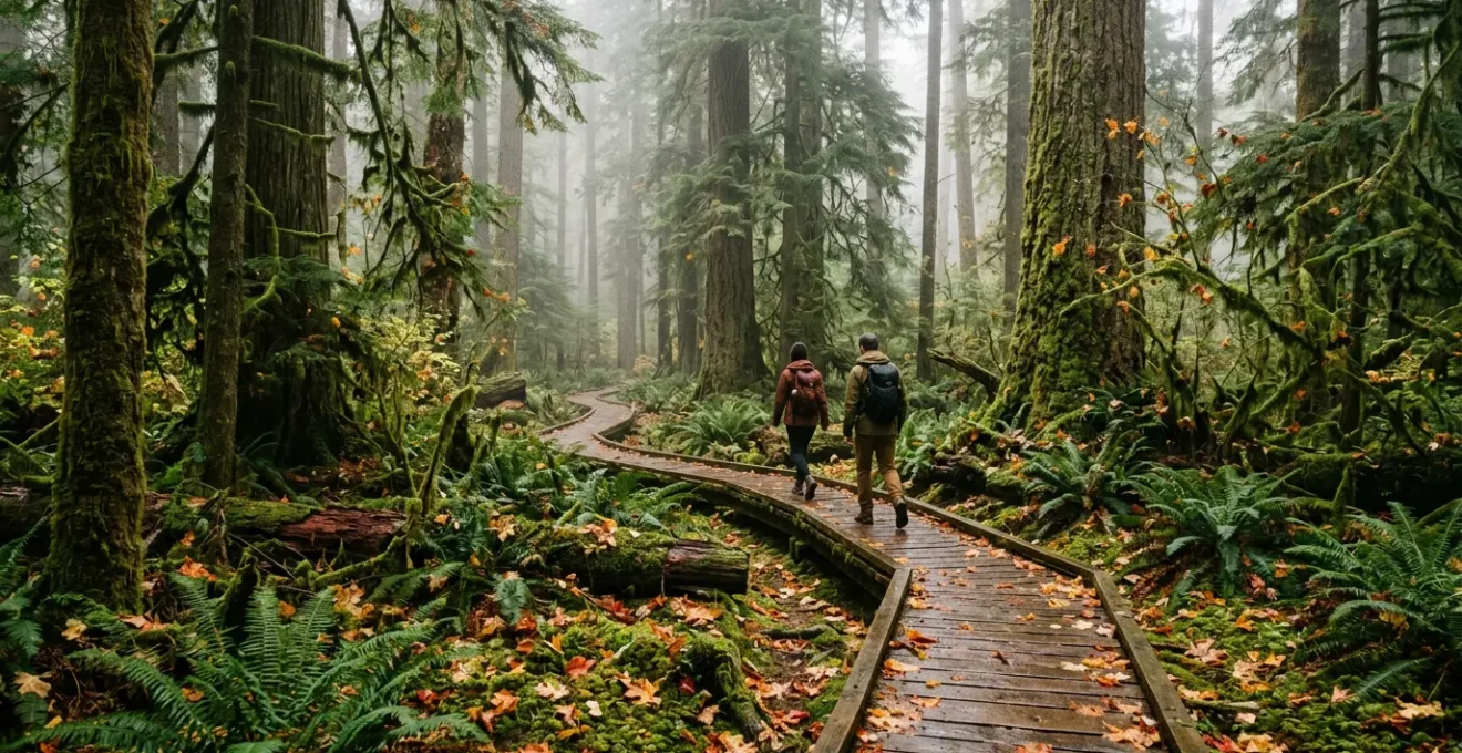 Hikers navigating a misty trail through Pacific Northwest temperate rainforest in autumn