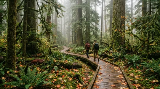 Hikers navigating a misty trail through Pacific Northwest temperate rainforest in autumn