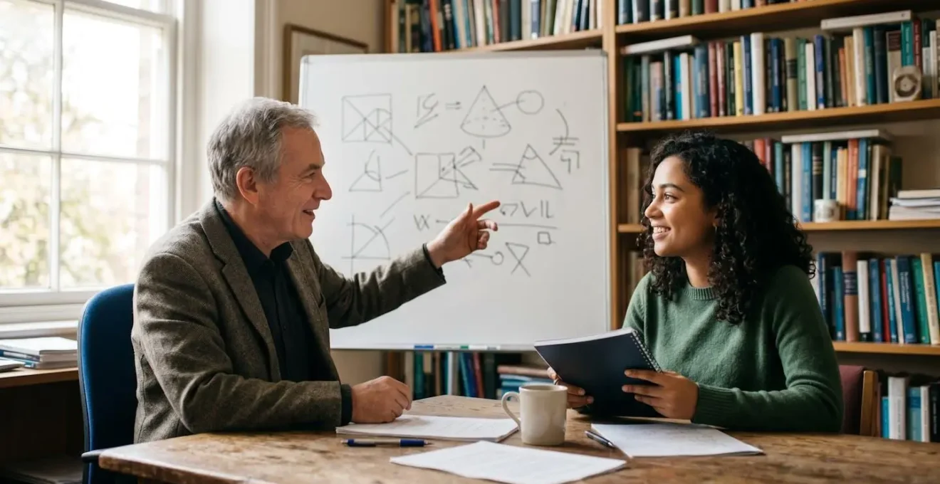 Student and professor engaged in academic discussion during office hours