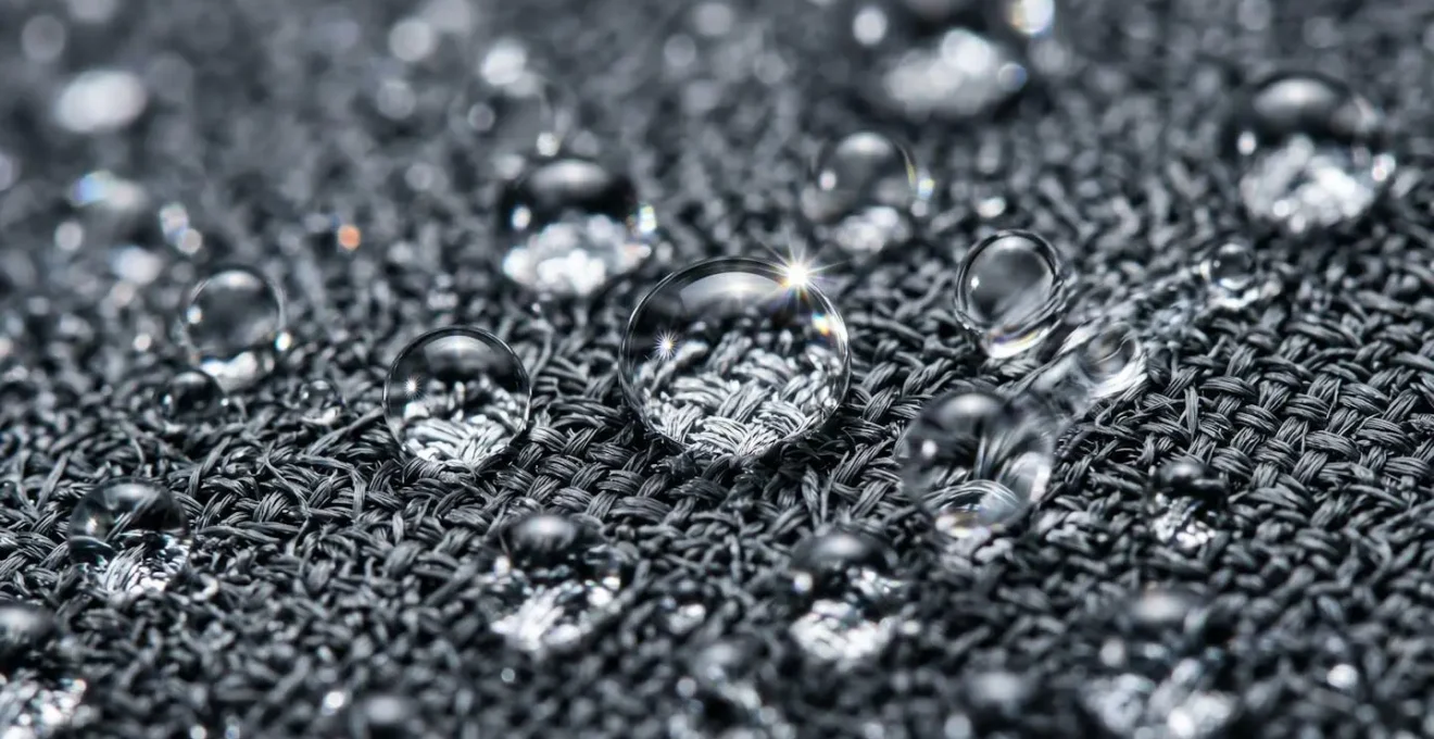 Extreme close-up of water beading on technical fabric showing texture and water resistance