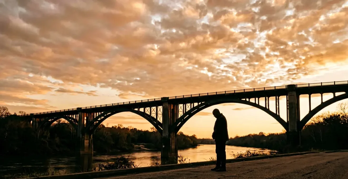 Silhouetted figure standing in contemplation before the Edmund Pettus Bridge at golden hour, capturing the profound reverence required for Civil Rights Trail visitors