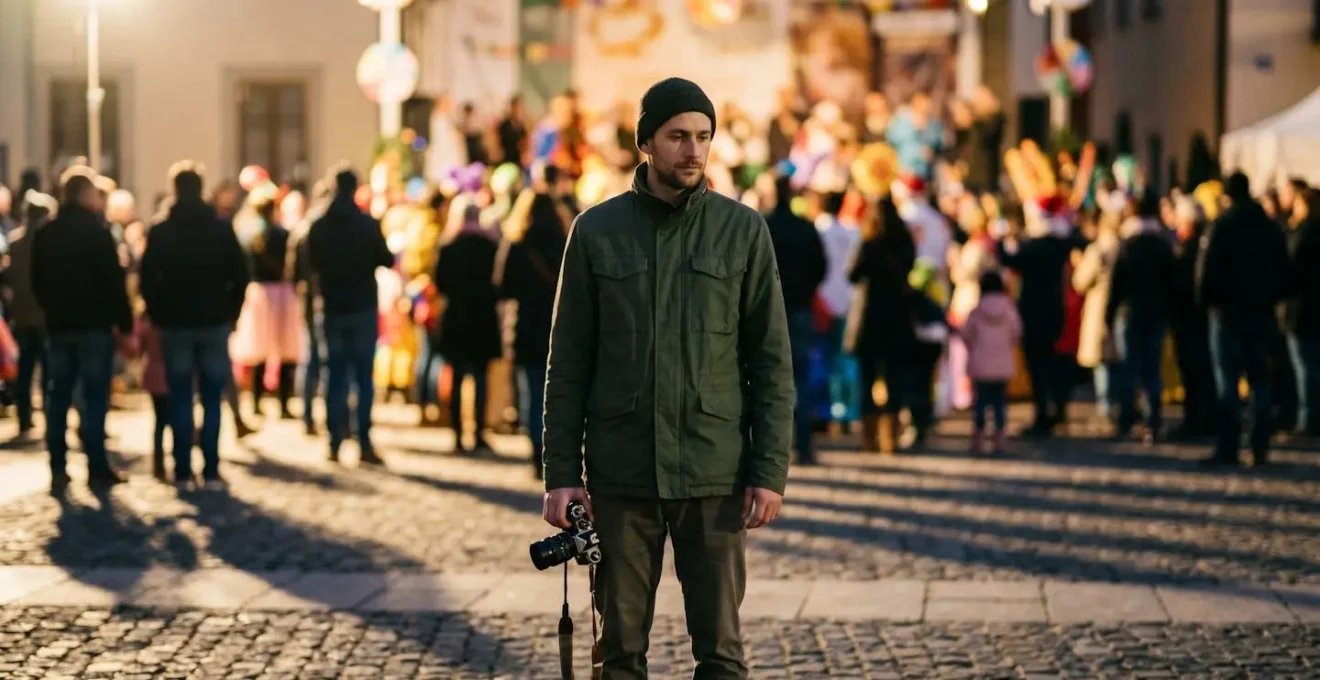 Photographer maintaining respectful distance from cultural celebration participants