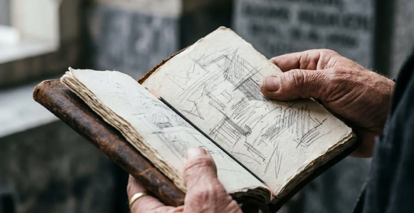 Hands holding a leather journal with sketches of a memorial site, representing respectful reflection instead of taking a photo.