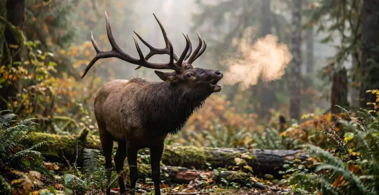 A large Roosevelt elk bull with impressive antlers bugling in a misty Pacific Northwest rainforest clearing.