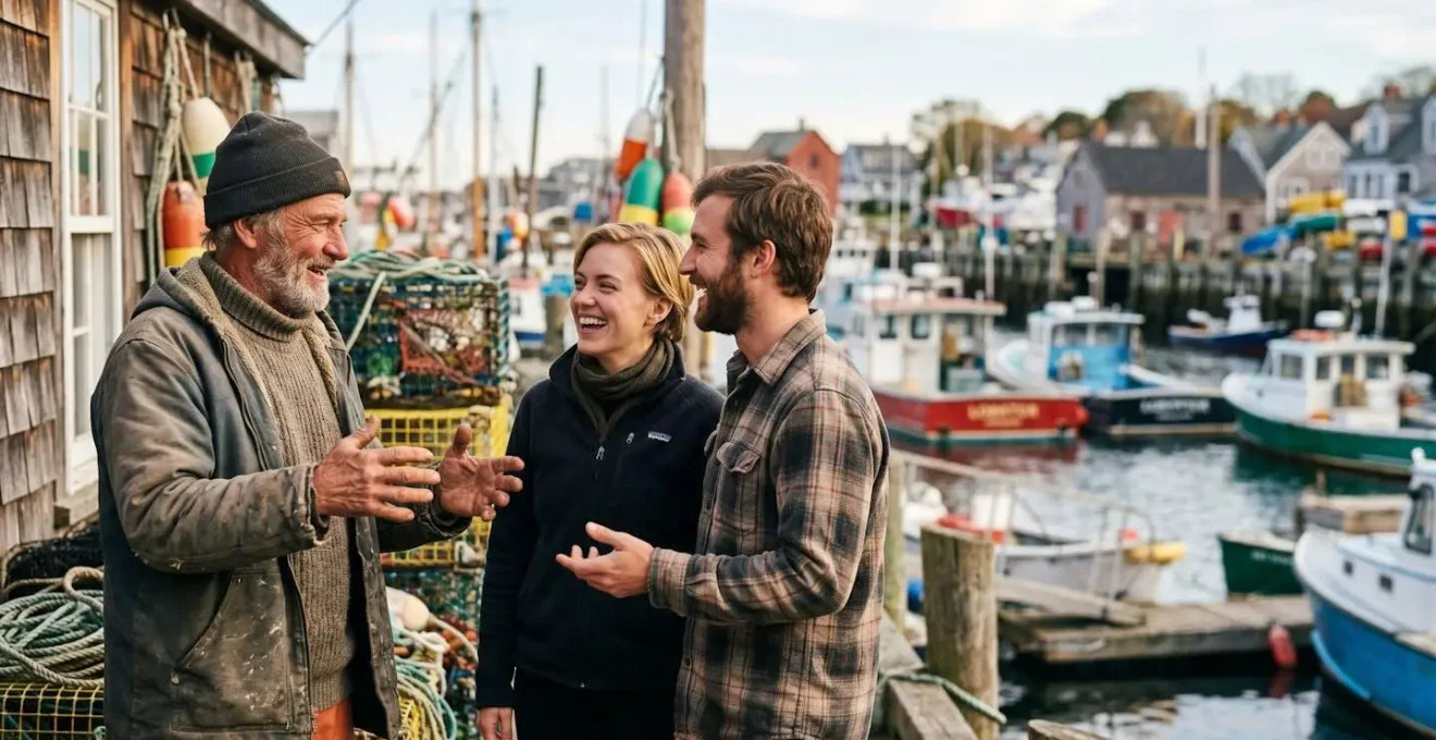 Charming small coastal town in Maine with local shops and fishing boats at golden hour
