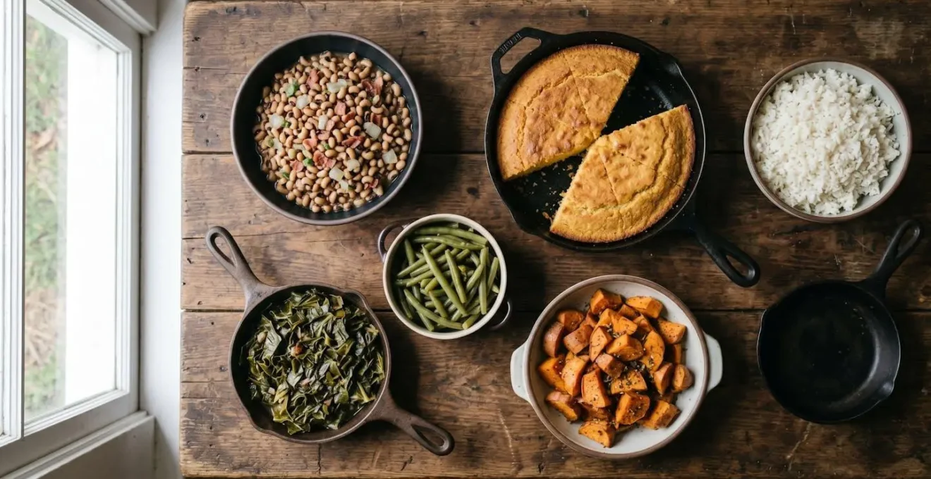 Array of colorful Southern vegetables and vegan-friendly sides on rustic wooden table