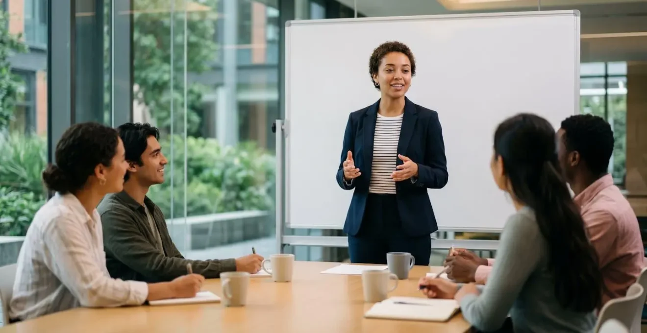 Student presenting to a diverse group in modern campus meeting room